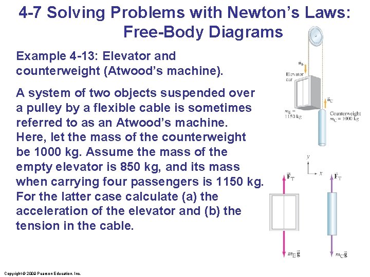 4 -7 Solving Problems with Newton’s Laws: Free-Body Diagrams Example 4 -13: Elevator and