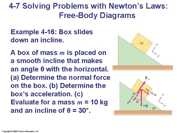 4 -7 Solving Problems with Newton’s Laws: Free-Body Diagrams Example 4 -16: Box slides