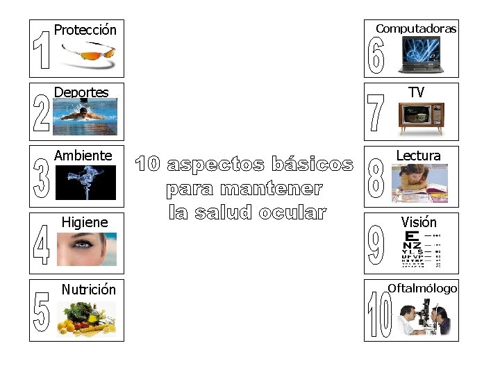 Protección Computadoras Deportes TV Ambiente Lectura Higiene Visión Nutrición Oftalmólogo 