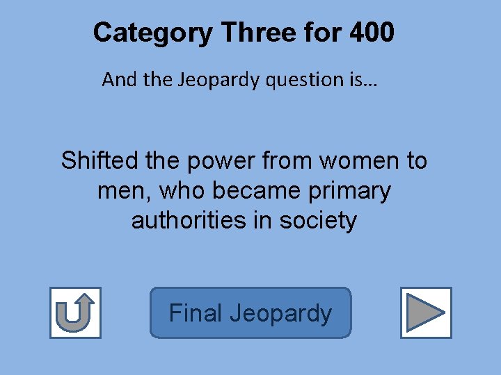 Category Three for 400 And the Jeopardy question is… Shifted the power from women