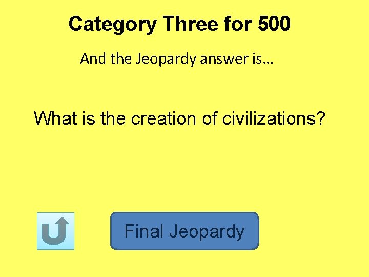 Category Three for 500 And the Jeopardy answer is… What is the creation of
