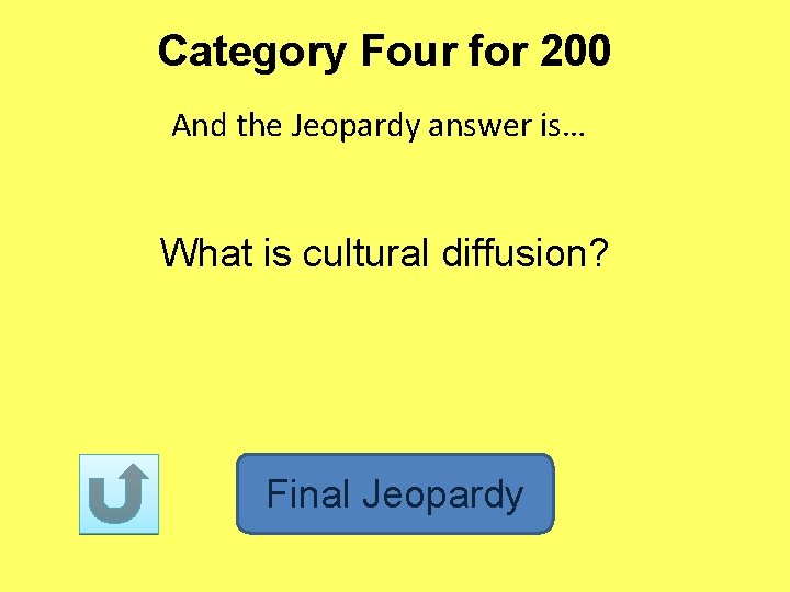 Category Four for 200 And the Jeopardy answer is… What is cultural diffusion? Final