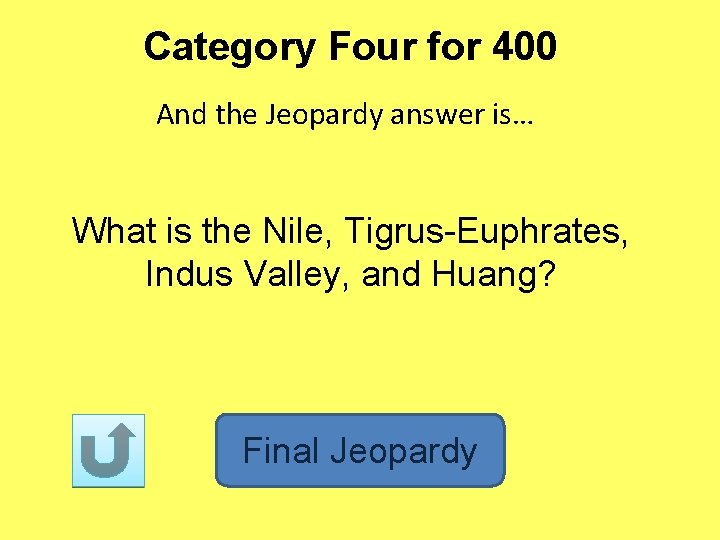 Category Four for 400 And the Jeopardy answer is… What is the Nile, Tigrus-Euphrates,