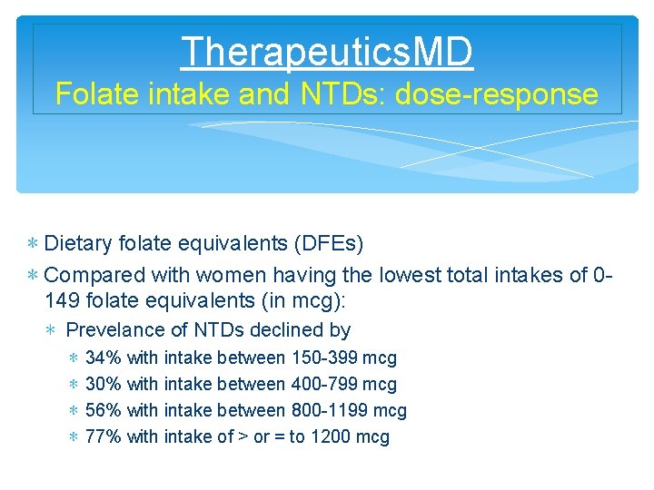 Therapeutics. MD Folate intake and NTDs: dose-response ∗ Dietary folate equivalents (DFEs) ∗ Compared