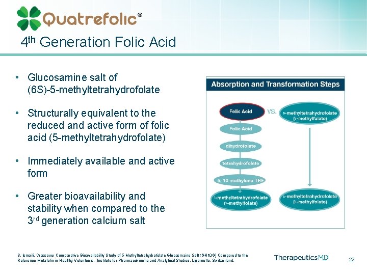 4 th Generation Folic Acid • Glucosamine salt of (6 S)-5 -methyltetrahydrofolate • Structurally