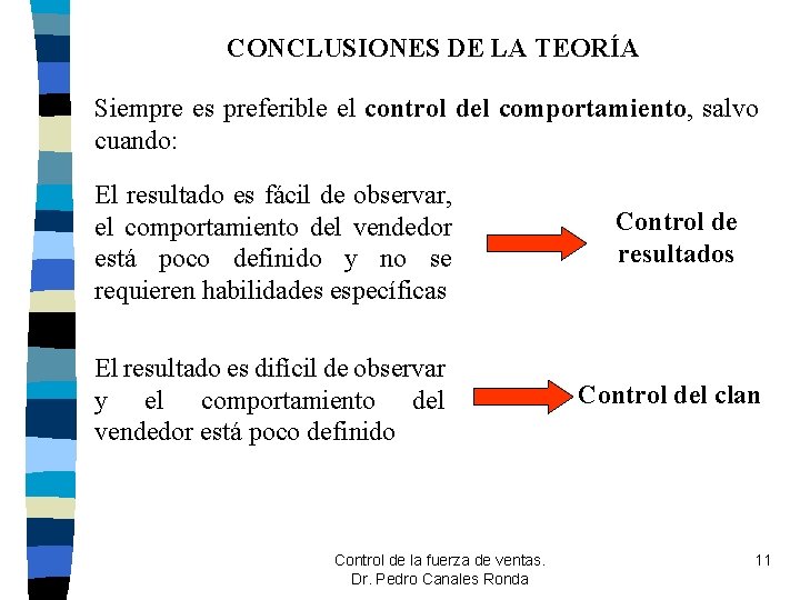 CONCLUSIONES DE LA TEORÍA Siempre es preferible el control del comportamiento, salvo cuando: El CONCLUSIONES DE LA TEORÍA Siempre es preferible el control del comportamiento, salvo cuando: El
