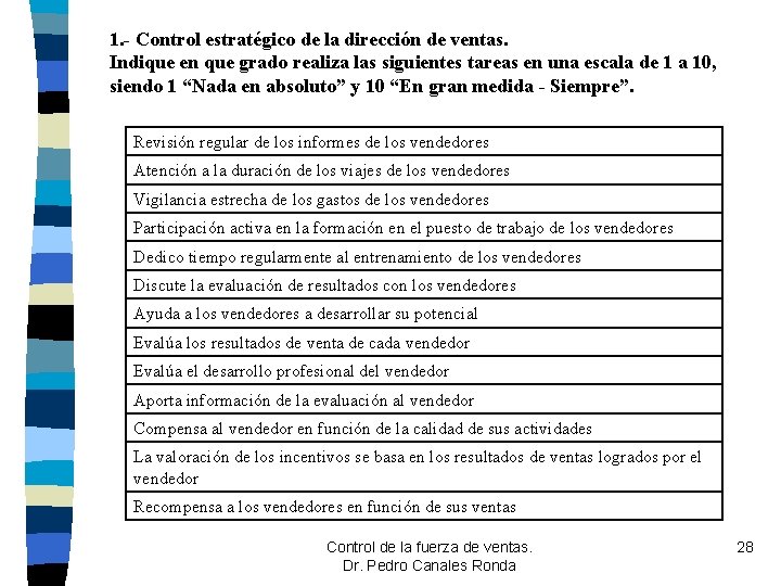 1. - Control estratégico de la dirección de ventas. Indique en que grado realiza 1. - Control estratégico de la dirección de ventas. Indique en que grado realiza