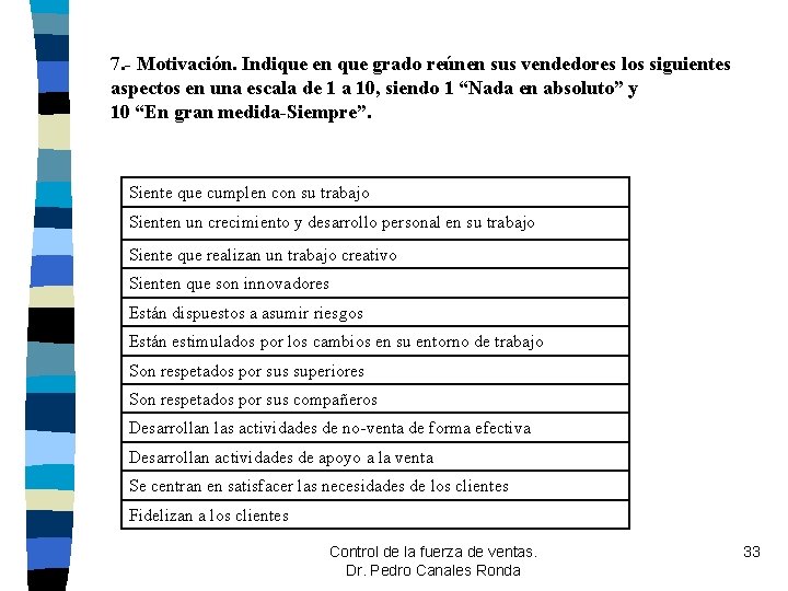 7. - Motivación. Indique en que grado reúnen sus vendedores los siguientes aspectos en 7. - Motivación. Indique en que grado reúnen sus vendedores los siguientes aspectos en