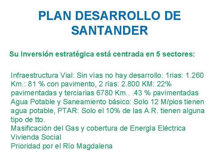 PLAN DESARROLLO DE SANTANDER Su Inversión estratégica está centrada en 5 sectores: Infraestructura Vial: