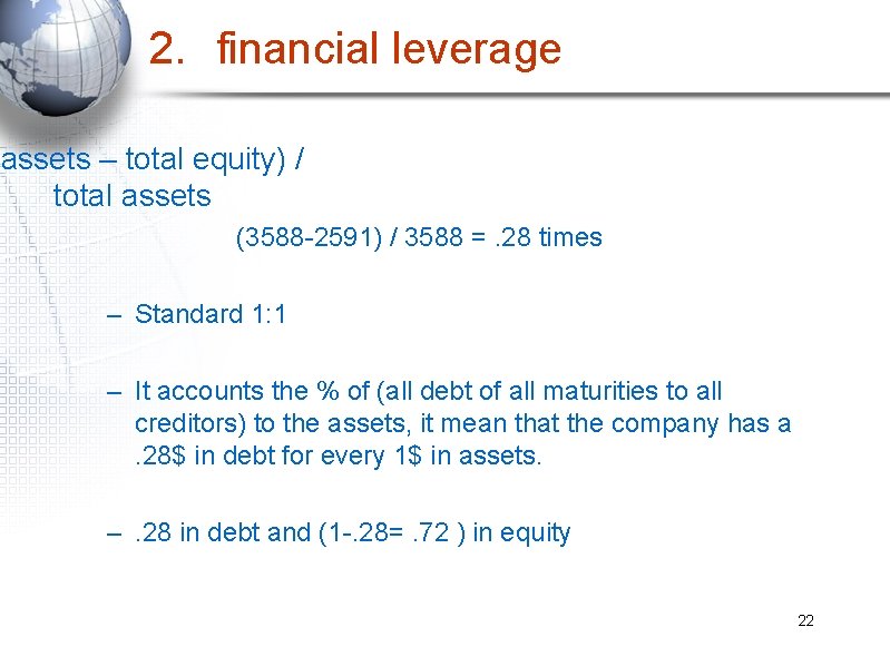 2. financial leverage assets – total equity) / total assets (3588 -2591) / 3588