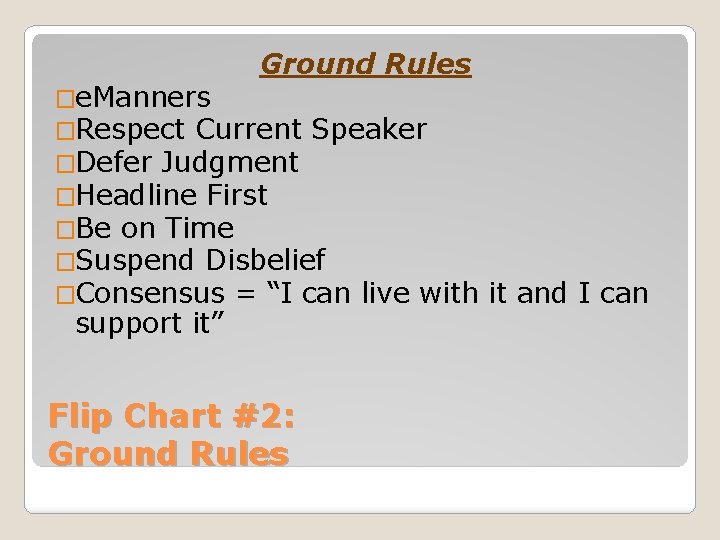 Ground Rules �e. Manners �Respect Current Speaker �Defer Judgment �Headline First �Be on Time