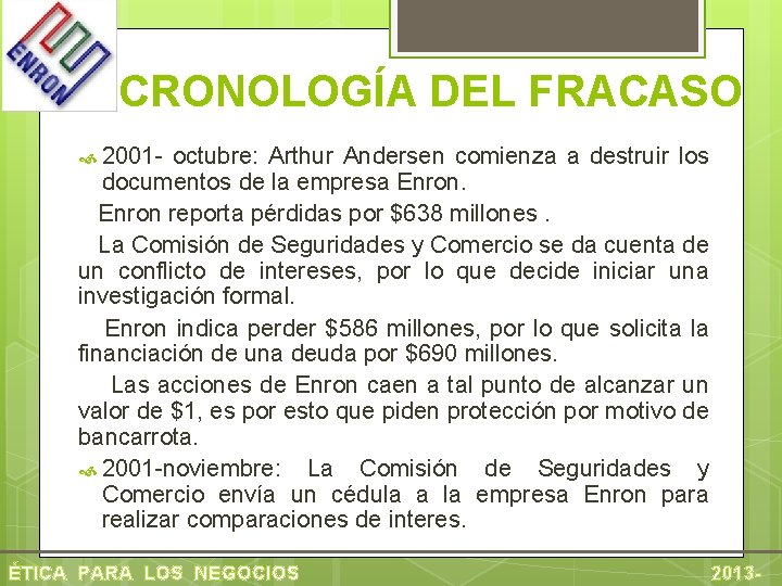 CRONOLOGÍA DEL FRACASO 2001 - octubre: Arthur Andersen comienza a destruir los documentos de