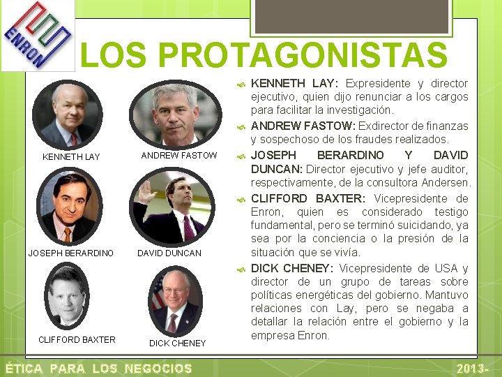 LOS PROTAGONISTAS KENNETH LAY ANDREW FASTOW JOSEPH BERARDINO DAVID DUNCAN CLIFFORD BAXTER DICK CHENEY