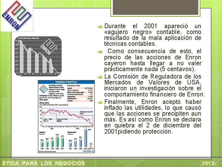 Durante el 2001 apareció un «agujero negro» contable, como resultado de la mala aplicación