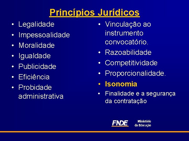 Princípios Jurídicos • • Legalidade Impessoalidade Moralidade Igualdade Publicidade Eficiência Probidade administrativa • Vinculação