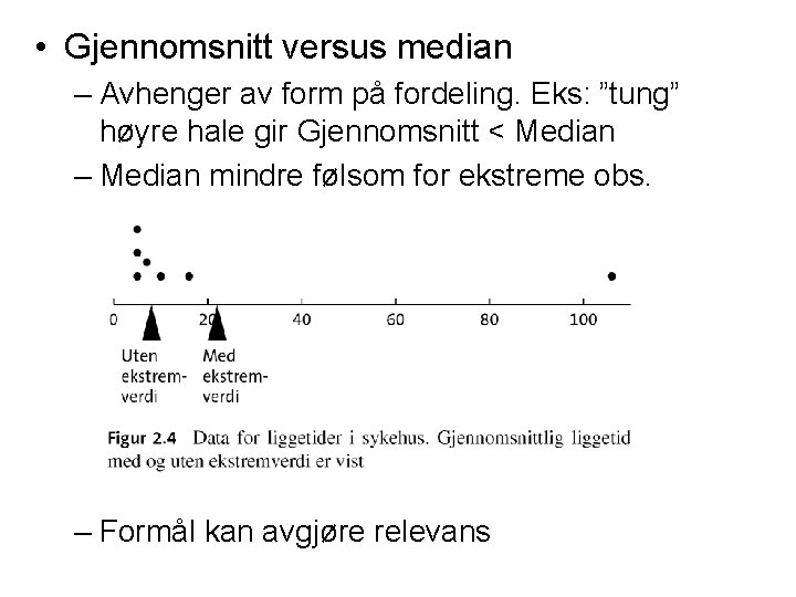  • Gjennomsnitt versus median – Avhenger av form på fordeling. Eks: ”tung” høyre