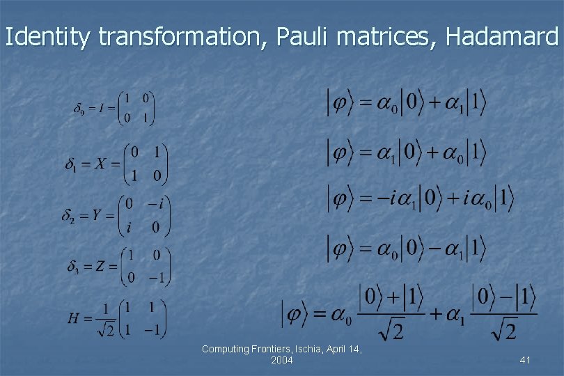 Identity transformation, Pauli matrices, Hadamard Computing Frontiers, Ischia, April 14, 2004 41 Identity transformation, Pauli matrices, Hadamard Computing Frontiers, Ischia, April 14, 2004 41