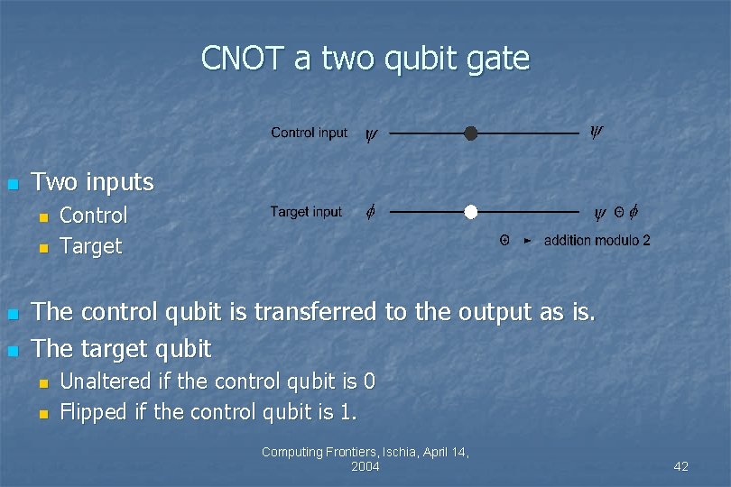 CNOT a two qubit gate n Two inputs n n Control Target The control CNOT a two qubit gate n Two inputs n n Control Target The control
