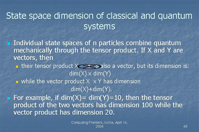 State space dimension of classical and quantum systems n Individual state spaces of n State space dimension of classical and quantum systems n Individual state spaces of n