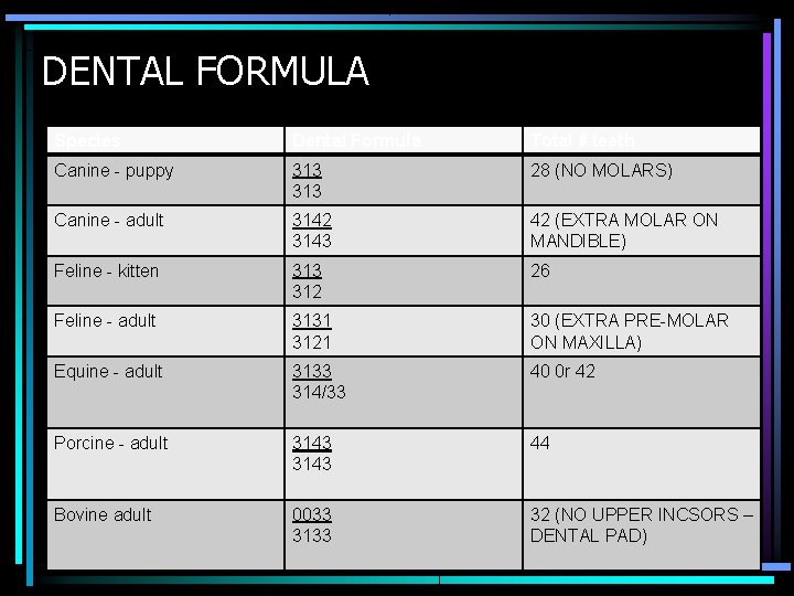 DENTAL FORMULA Species Dental Formula Total # teeth Canine - puppy 313 28 (NO