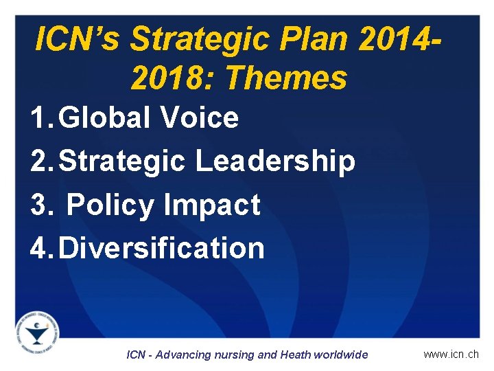 ICN’s Strategic Plan 20142018: Themes 1. Global Voice 2. Strategic Leadership 3. Policy Impact