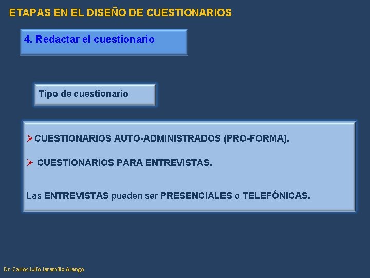 ETAPAS EN EL DISEÑO DE CUESTIONARIOS 4. Redactar el cuestionario Tipo de cuestionario ØCUESTIONARIOS