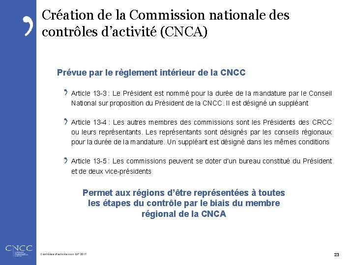 Création de la Commission nationale des contrôles d’activité (CNCA) Prévue par le règlement intérieur