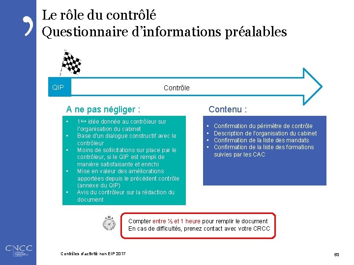 Le rôle du contrôlé Questionnaire d’informations préalables QIP Contrôle A ne pas négliger :