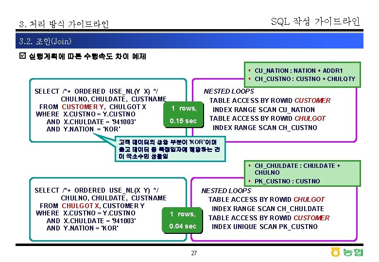 SQL 작성 가이드라인 3. 처리 방식 가이드라인 3. 2. 조인(Join) þ 실행계획에 따른 수행속도