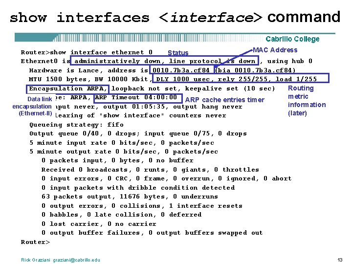 show interfaces <interface> command MAC Address Router>show interface ethernet 0 Status Ethernet 0 is