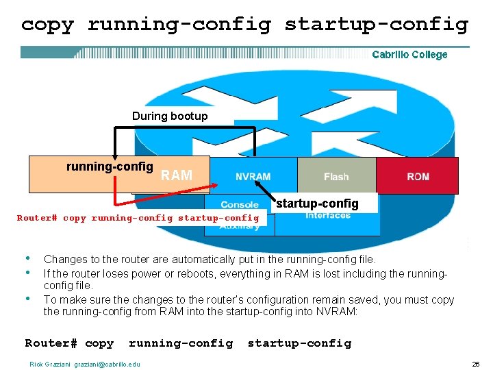 copy running-config startup-config During bootup running-config RAM startup-config Router# copy running-config startup-config • •