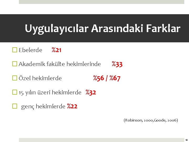 Uygulayıcılar Arasındaki Farklar � Ebelerde %21 � Akademik fakülte hekimlerinde � Özel hekimlerde %33
