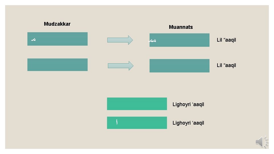 Mudzakkar Muannats ﻣ ﻣﻣ Lil “aaqil Lighoyri ‘aaqil ﺍ Lighoyri ‘aaqil 