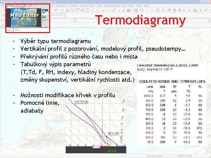 Termodiagramy ‐ ‐ Výběr typu termodiagramu Vertikální profil z pozorování, modelový profil, pseudotempy… Překrývání Termodiagramy ‐ ‐ Výběr typu termodiagramu Vertikální profil z pozorování, modelový profil, pseudotempy… Překrývání