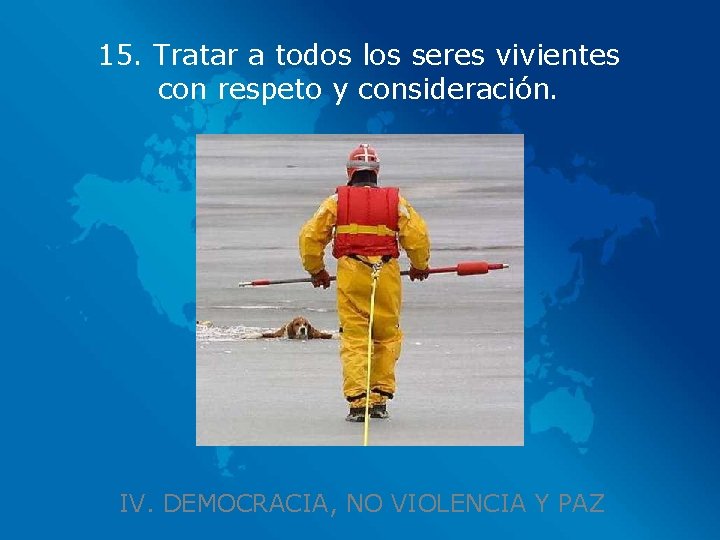 15. Tratar a todos los seres vivientes con respeto y consideración. IV. DEMOCRACIA, NO