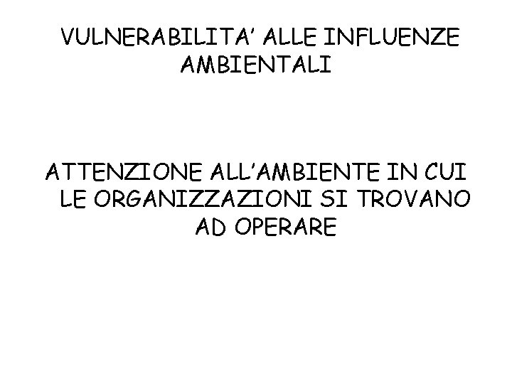 VULNERABILITA’ ALLE INFLUENZE AMBIENTALI ATTENZIONE ALL’AMBIENTE IN CUI LE ORGANIZZAZIONI SI TROVANO AD OPERARE