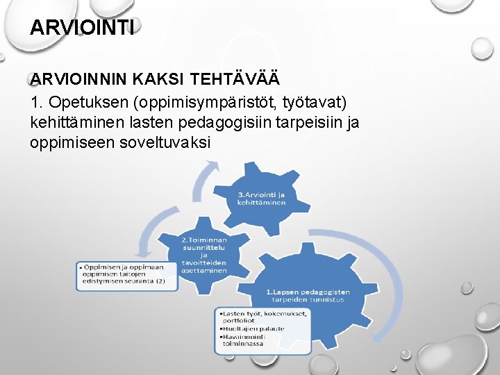 ARVIOINTI ARVIOINNIN KAKSI TEHTÄVÄÄ 1. Opetuksen (oppimisympäristöt, työtavat) kehittäminen lasten pedagogisiin tarpeisiin ja oppimiseen ARVIOINTI ARVIOINNIN KAKSI TEHTÄVÄÄ 1. Opetuksen (oppimisympäristöt, työtavat) kehittäminen lasten pedagogisiin tarpeisiin ja oppimiseen