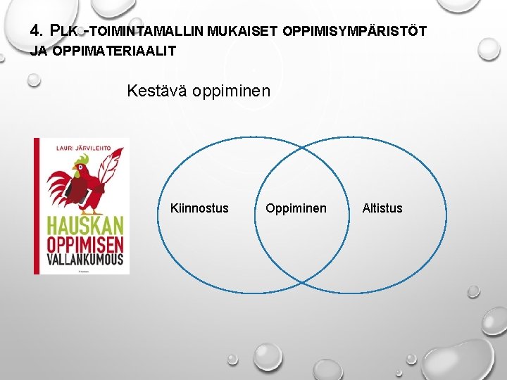 4. PLK -TOIMINTAMALLIN MUKAISET OPPIMISYMPÄRISTÖT JA OPPIMATERIAALIT Kestävä oppiminen Kiinnostus Oppiminen Altistus 4. PLK -TOIMINTAMALLIN MUKAISET OPPIMISYMPÄRISTÖT JA OPPIMATERIAALIT Kestävä oppiminen Kiinnostus Oppiminen Altistus