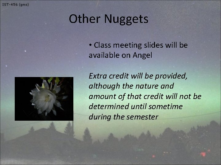 Other Nuggets • Class meeting slides will be available on Angel Extra credit will