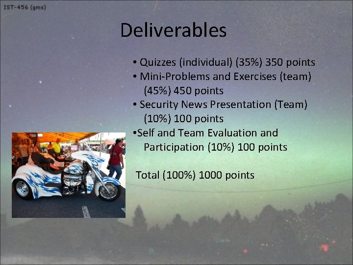 Deliverables • Quizzes (individual) (35%) 350 points • Mini-Problems and Exercises (team) (45%) 450