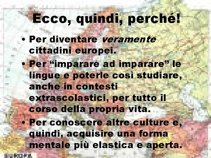 Ecco, quindi, perché! • Per diventare veramente cittadini europei. • Per “imparare ad imparare”