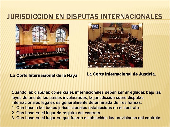 JURISDICCION EN DISPUTAS INTERNACIONALES La Corte Internacional de la Haya La Corte Internacional de