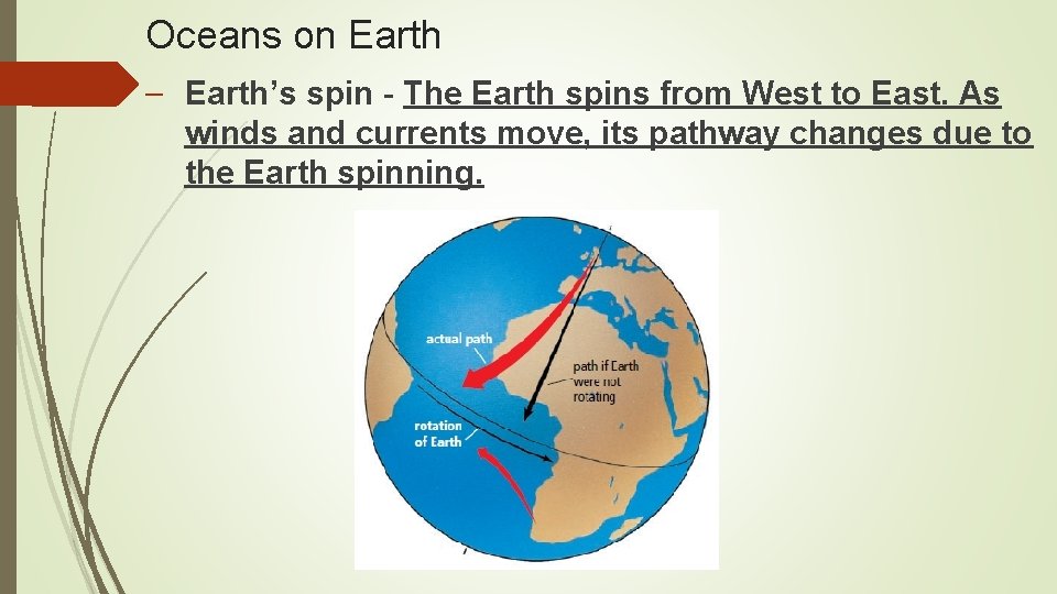 Oceans on Earth – Earth’s spin - The Earth spins from West to East.