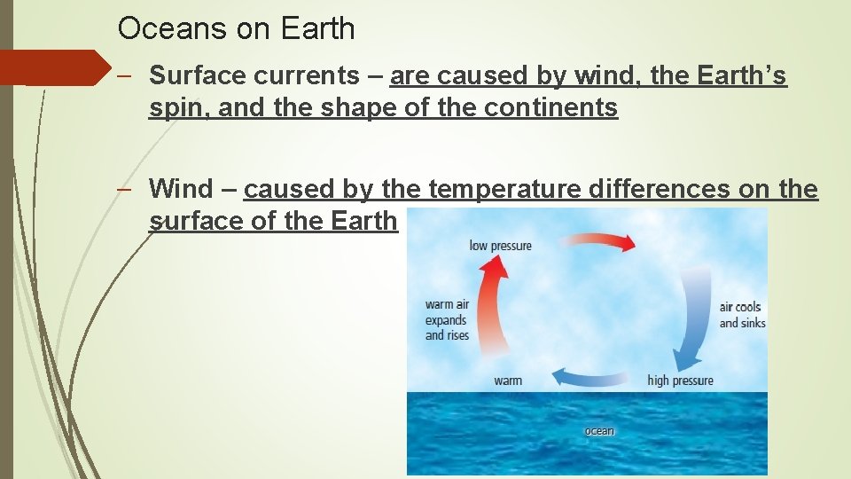 Oceans on Earth – Surface currents – are caused by wind, the Earth’s spin,