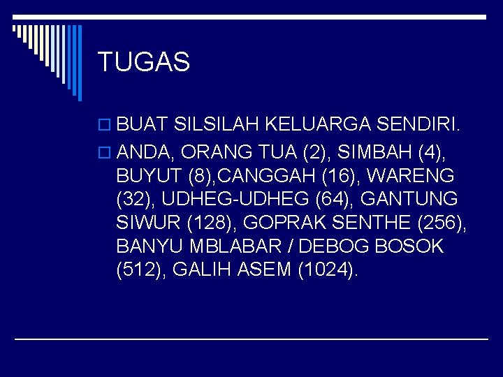 TUGAS o BUAT SILSILAH KELUARGA SENDIRI. o ANDA, ORANG TUA (2), SIMBAH (4), BUYUT