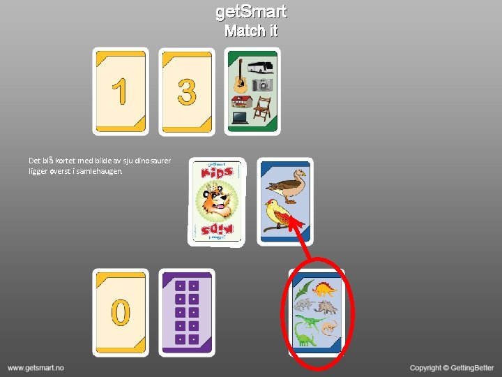 get. Smart Match it Det blå kortet med bilde av sju dinosaurer ligger øverst