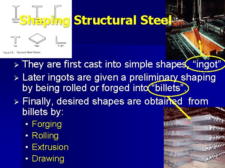Shaping Structural Steel They are first cast into simple shapes, “ingot” Ø Later ingots