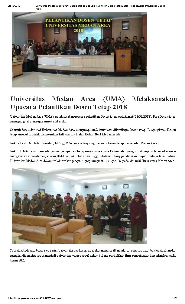 30/12/2018 Universitas Medan Area (UMA) Melaksanakan Upacara Pelantikan Dosen Tetap 2018 - Kepegawaian Universitas