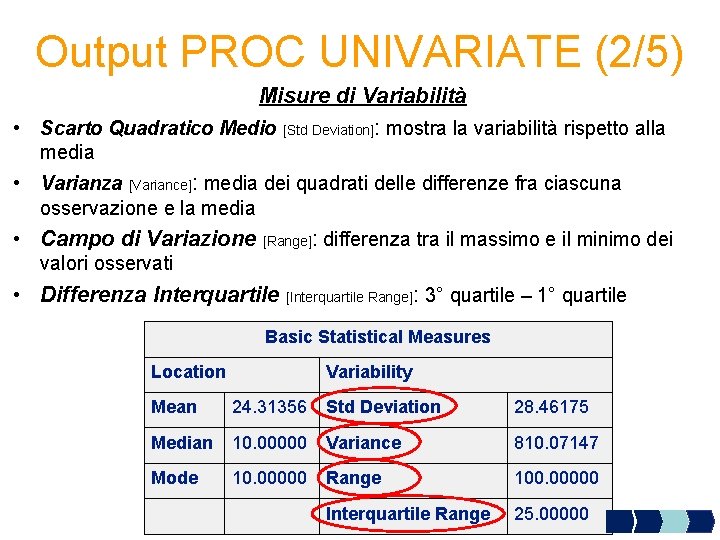 Output PROC UNIVARIATE (2/5) Misure di Variabilità • Scarto Quadratico Medio [Std Deviation]: mostra