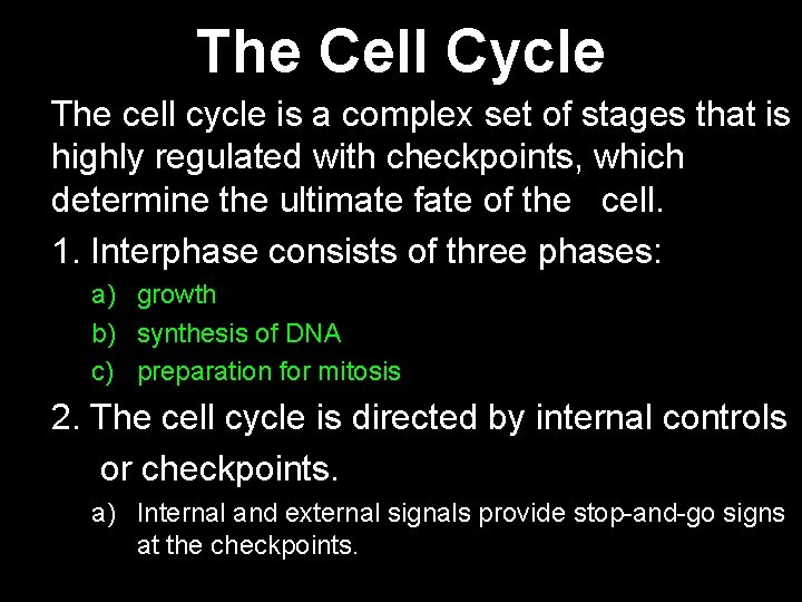 The Cell Cycle The cell cycle is a complex set of stages that is